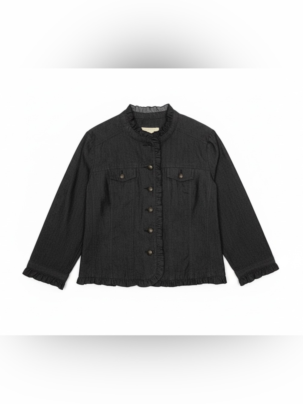 Sandro Lightweight Denim Jacket Washed Black Ruffle Trim Size Large